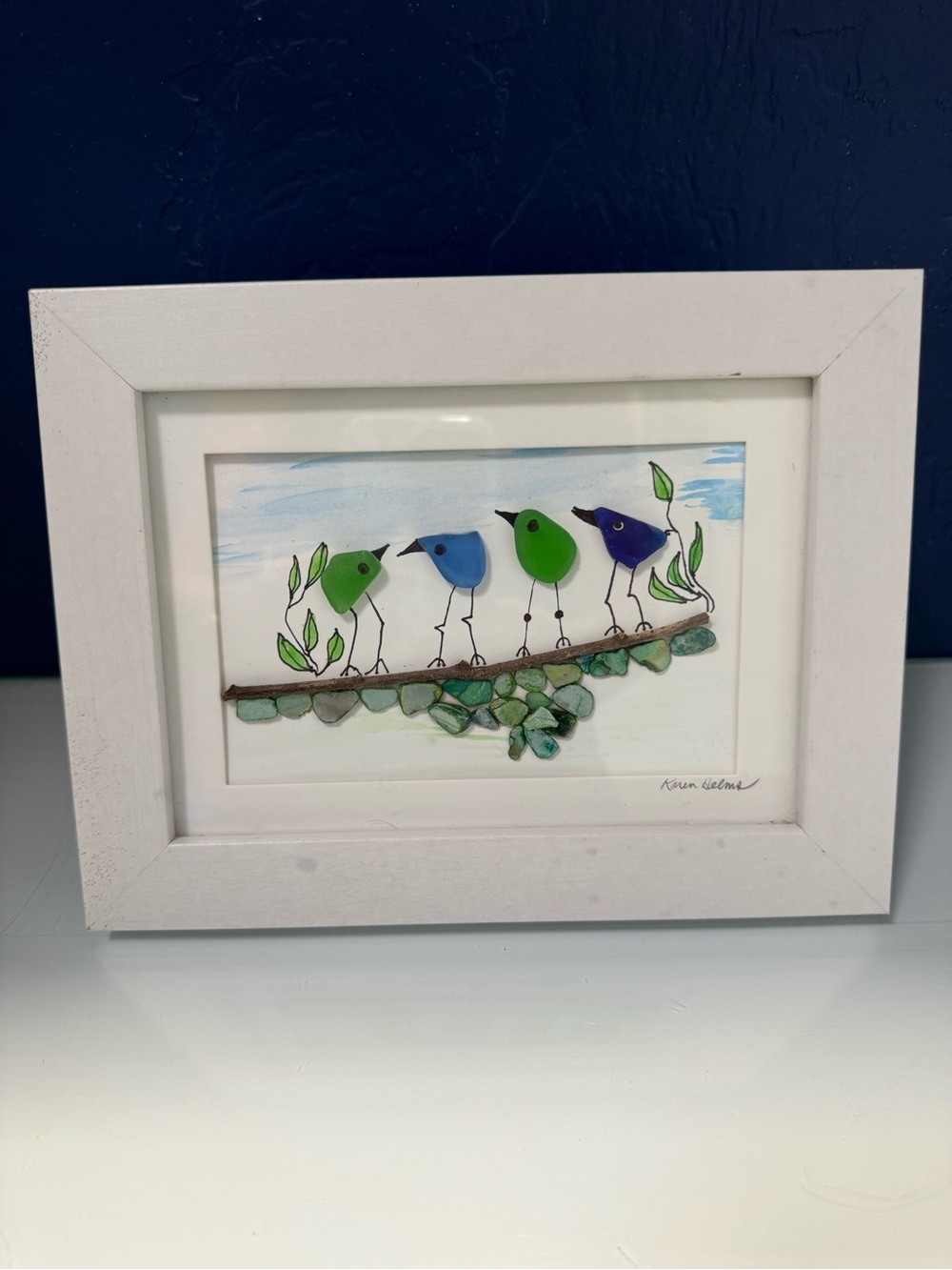 Framed Sea Glass Bird Art Coastal Beach Decor Signed Artist 8.5” x 7”